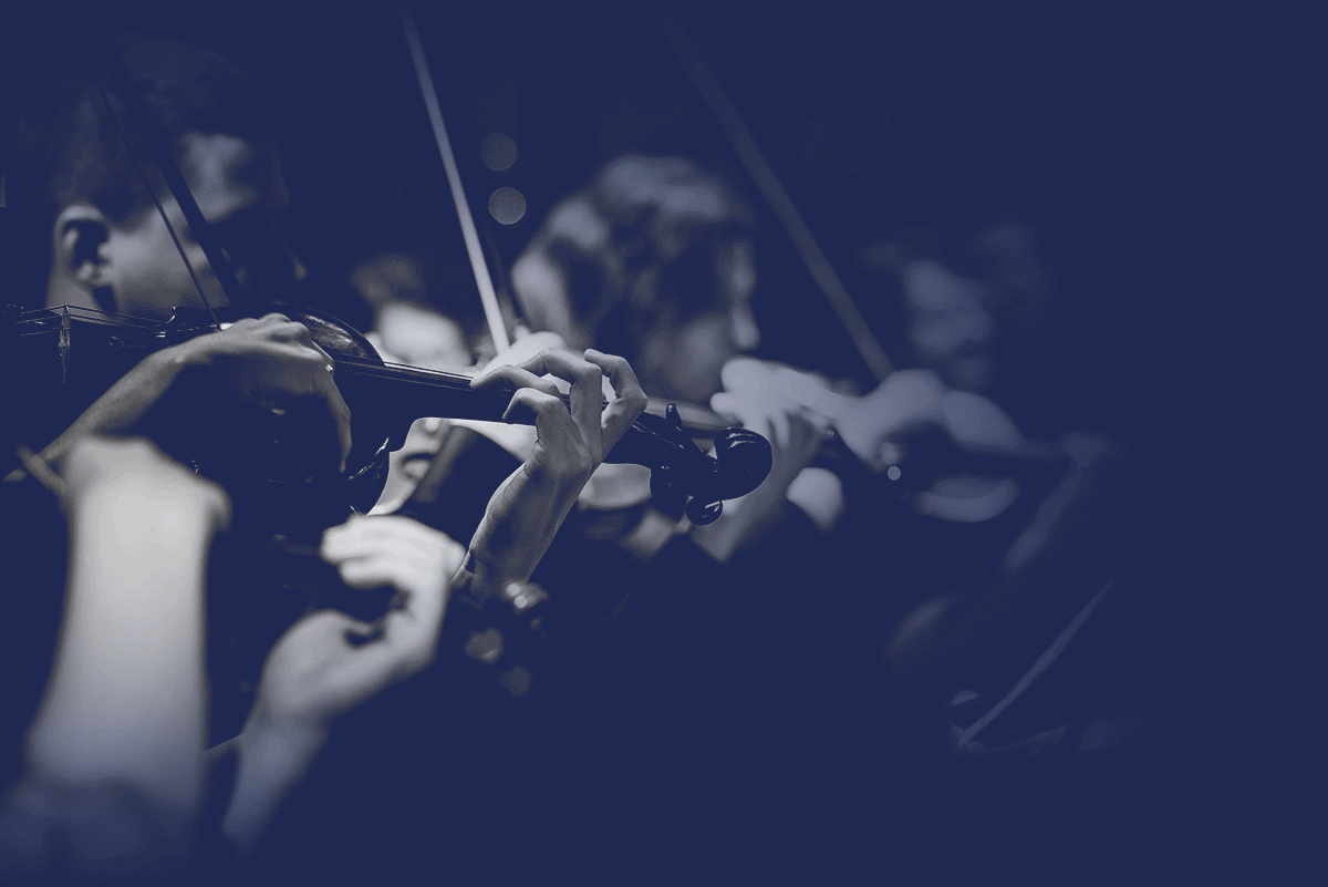 Close up of violinists playing in an orchestra.