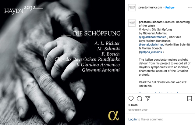 Presto Music's first Instagram post. Classical Recording of the Week - Haydn, Die Schöpfung - Giovanni Antonini. The Italian conductor makes a slight detour from his project to record all of Haydn's symphonies with an incisive, characterful account of the Creation oratorio.