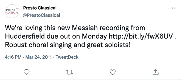 The first tweet from Presto Classical. We're loving this new Messiah recording from Huddersfield due out on Monday. Robust choral singing and great soloists!