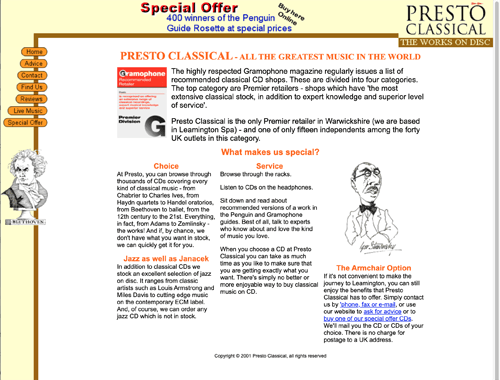 A screenshot of the Presto Classical website from 2001