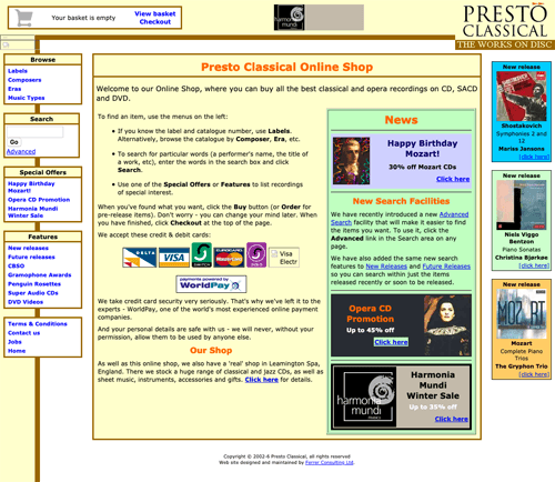 A screenshot of the Presto Classical website from 2006.